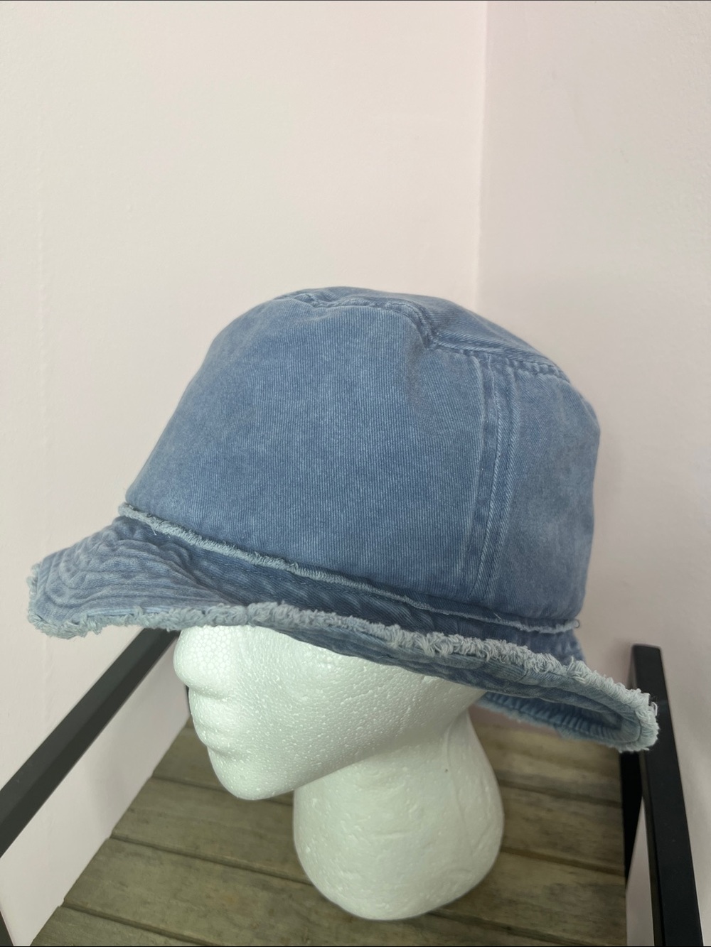 Denim Bucket Hat Blue All Cotton Frayed Detail David & Young OSFM
